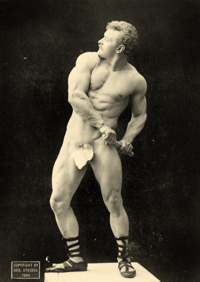 Eugen Sandow drawing his sword, in classical ancient Greco-Roman pose, c.1894 by George Steckel